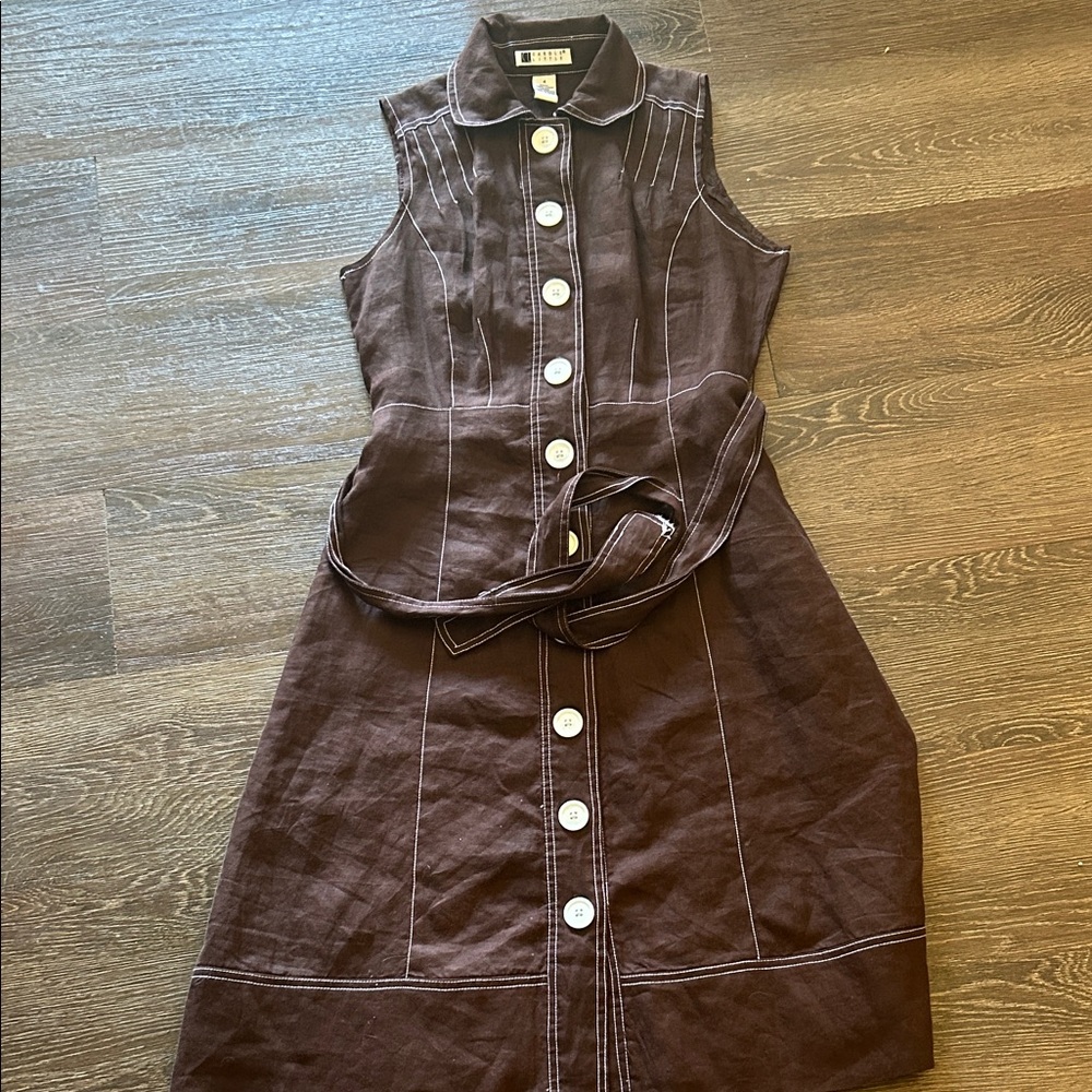 Carole Little Linen Brown Button-Front Midi Dress